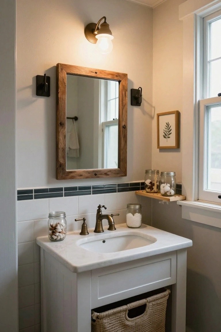 Small bathroom vanity with white cabinet, marble sink top, wood-framed mirror flanked by two brass wall sconces, subway tile backsplash, mason jars with cotton balls, and a wicker basket below.