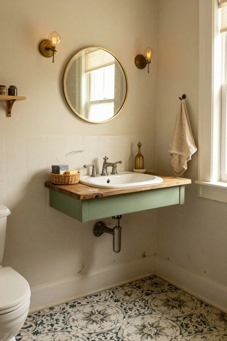 Small bathroom with floating wooden vanity painted green below white sink, round gold-framed mirror flanked by two brass sconces with exposed yellow bulbs, white toilet, towel hook with beige towel, and blue-white patterned tile floor.