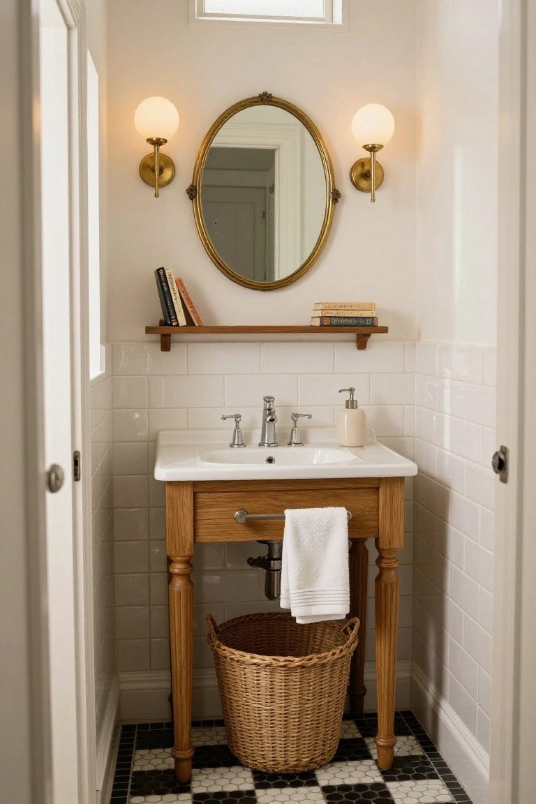 Small bathroom with oak pedestal vanity, white porcelain sink, gold round mirror flanked by two brass sconces with milk glass globes, white subway tile walls, wood shelf with books above mirror, wicker basket on black and white hex tile floor.