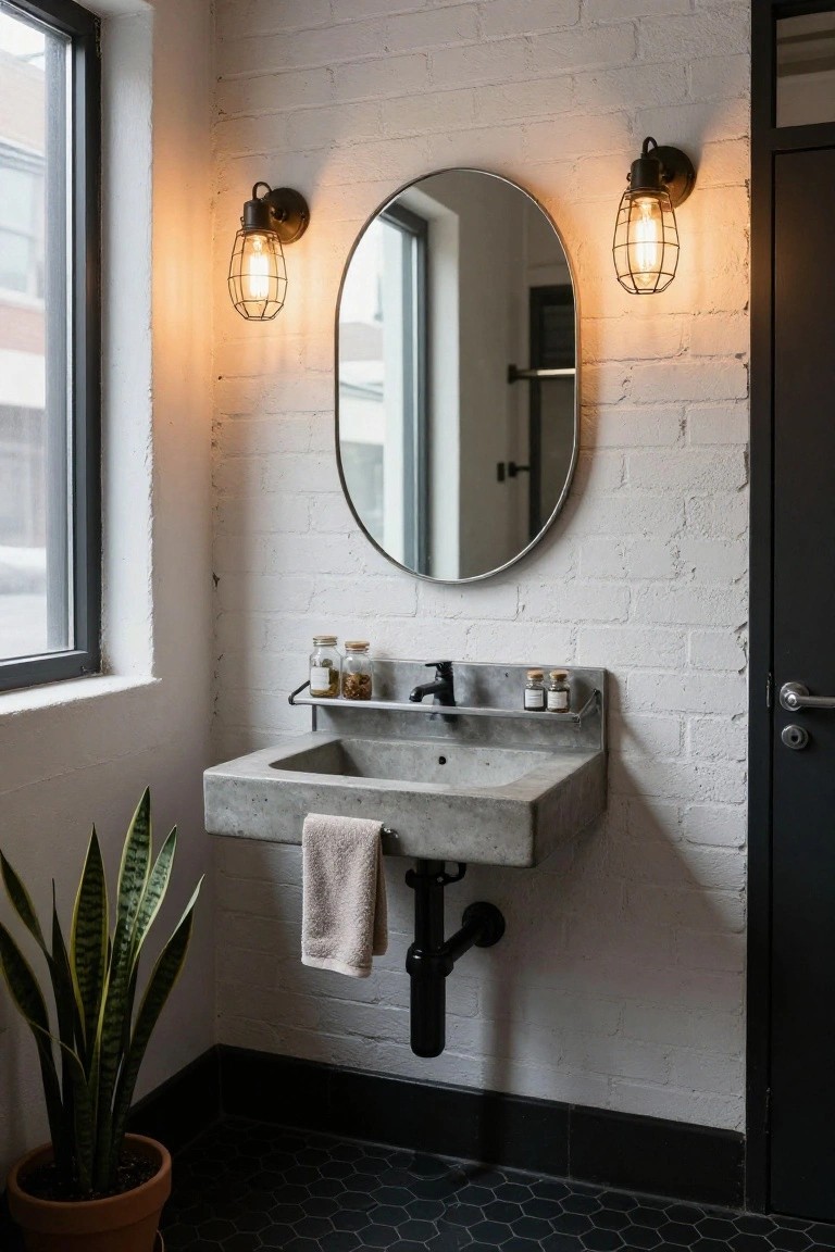 A small bathroom with exposed white brick walls, black metal cage lantern wall sconces flanking a round mirror above a wall-mounted concrete sink, black hexagonal floor tiles, and a potted snake plant.