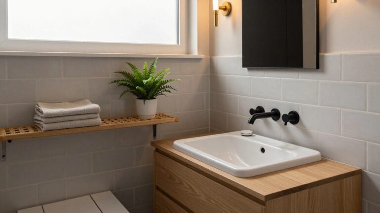 Small bathroom with gray subway tile walls, wall-mounted white sink and black faucet, slim black-framed rectangular mirror, brass wall sconce light, potted fern plant on wooden shelf, and rattan stool holding folded white towels.