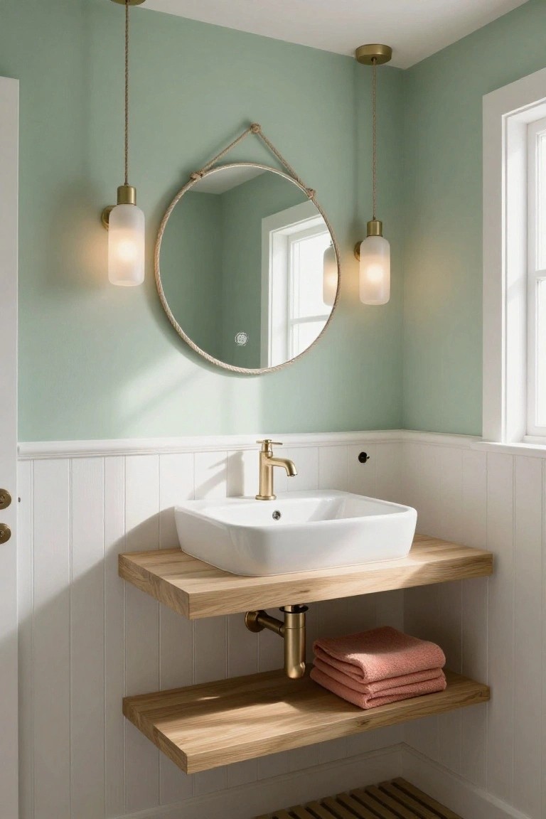 Small bathroom corner with sage green upper walls, white wainscoting below, floating oak vanity with white vessel sink and gold faucet, round mirror with rope frame flanked by two hanging gold pendant lights with frosted glass shades and rope cords, peach towels on shelf below, wooden slat floor mat.