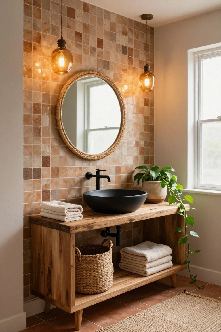Small bathroom vanity with black bowl sink on wooden cabinet under two amber globe pendant lights, rattan-edged round mirror on terracotta tile wall, potted trailing plant, white towels, and woven basket.