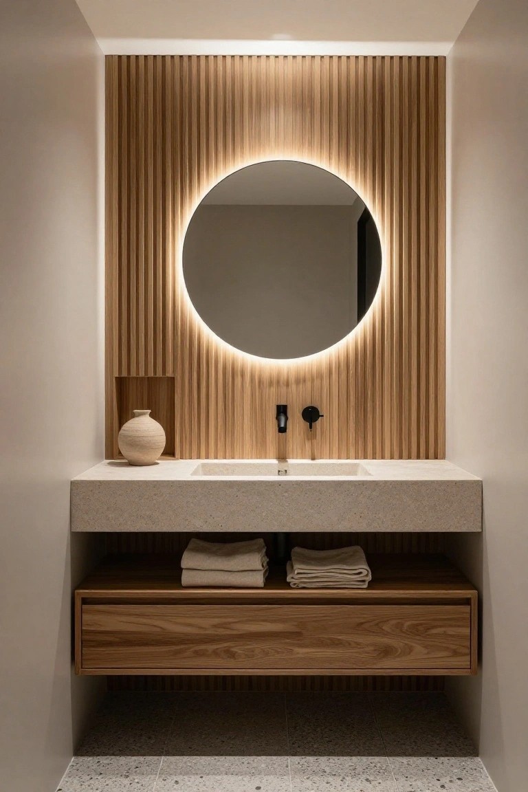 Modern bathroom vanity with round mirror featuring edge backlighting on vertical wood slat wall, white stone sink, black faucet, wooden drawer cabinet below, beige towels, and speckled floor tiles.