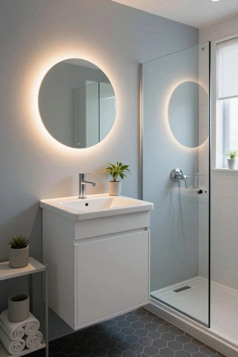 Small modern bathroom with round mirror featuring LED edge lighting above white wall-mounted vanity and sink, adjacent to glass shower enclosure, gray walls, plants, towels on shelf, and dark hexagonal floor tiles.