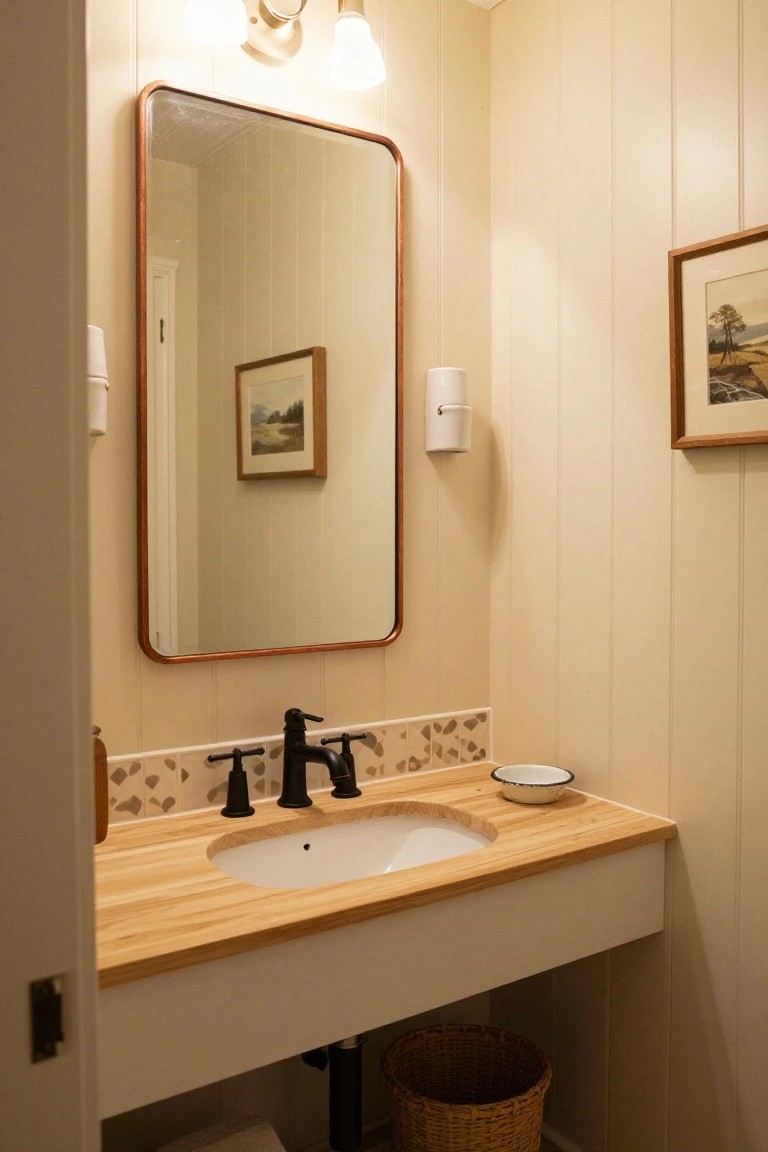 Small bathroom vanity with light wood countertop, white undermount sink, black bridge faucet, oval mirror in brass frame lit by two wall sconces above, beadboard walls, and woven basket below.