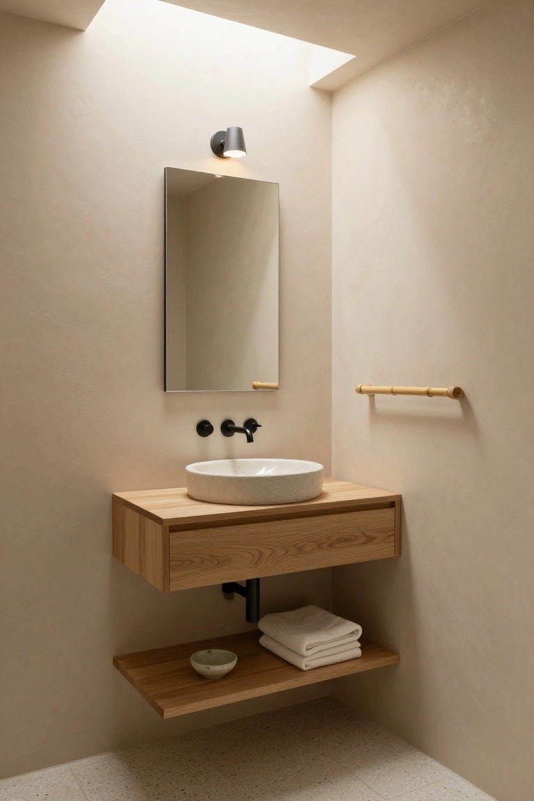 Small modern bathroom with floating oak vanity holding a white vessel sink, black wall faucet, single black wall sconce beside a tall slim mirror, bamboo towel rail, folded towels on a lower shelf, beige textured walls, and skylight above.