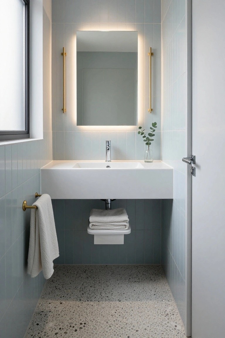 Compact bathroom with light blue subway tile walls, white floating vanity and sink, backlit rectangular mirror flanked by slim vertical brass light bars, folded white towels, eucalyptus sprig in glass vase, and speckled terrazzo floor.