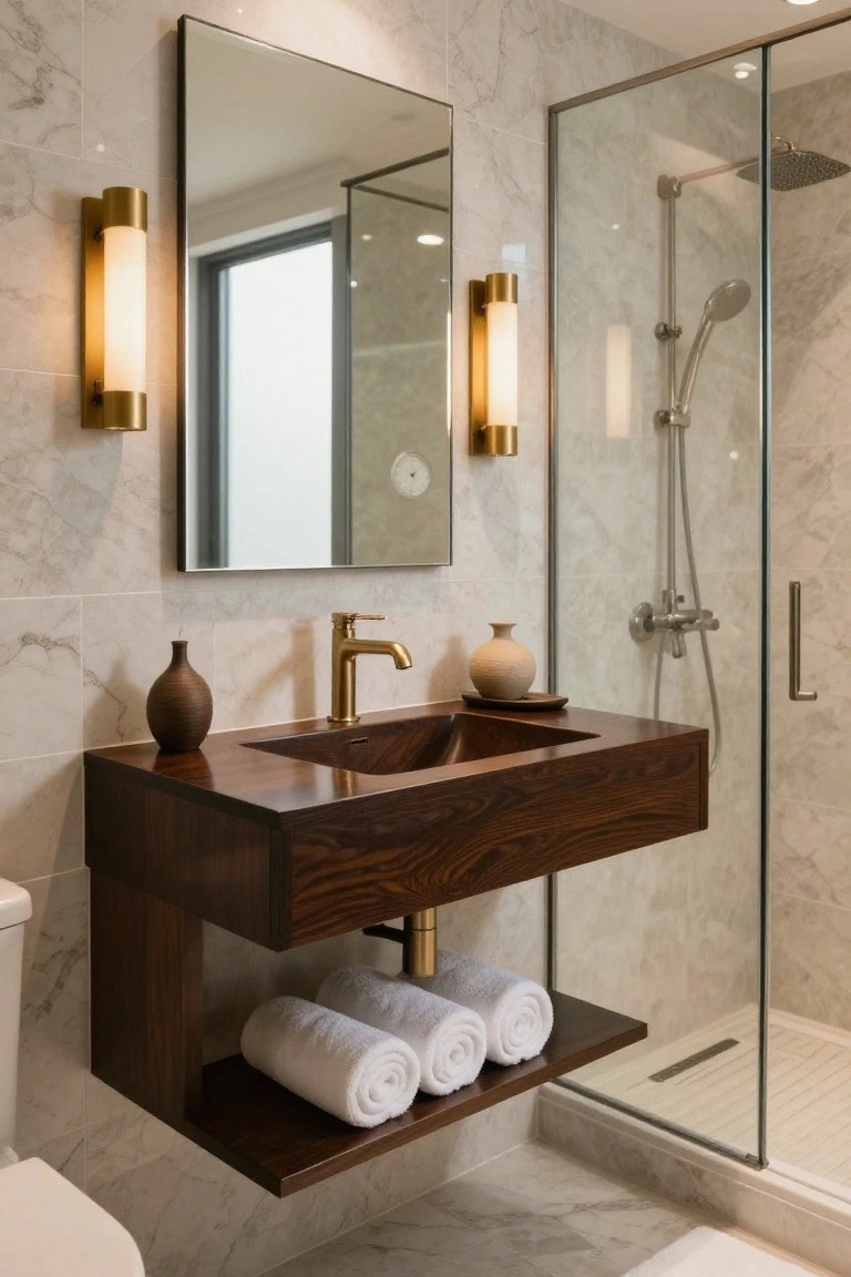 Modern small bathroom with floating wooden vanity and sink, gold wall sconces flanking a rectangular mirror, marble tile walls and floor, glass shower enclosure, and white toilet.