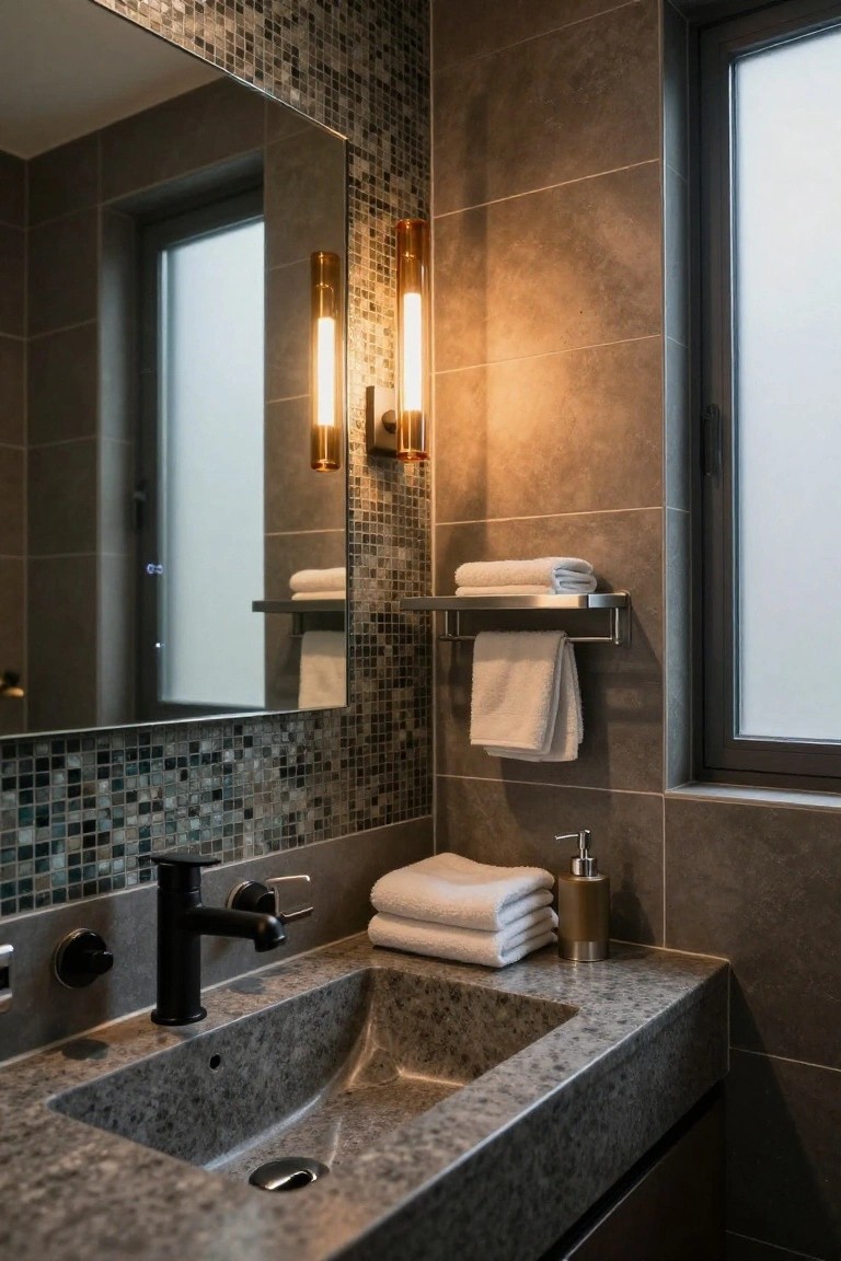 Bathroom vanity with black matte faucet and drain, gray stone sink, mosaic tile backsplash, stacked white towels, soap dispenser, towel rack, large mirror, and two vertical tube wall sconces lit with warm bulbs beside a frosted window.
