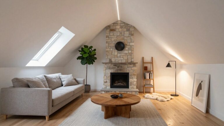Modern living room with vaulted white ceiling and slim recessed LED strip lighting, light gray L-shaped sofa, round wooden coffee table, stone fireplace with burning logs, fiddle leaf fig plant on ladder shelf, and floor lamp.