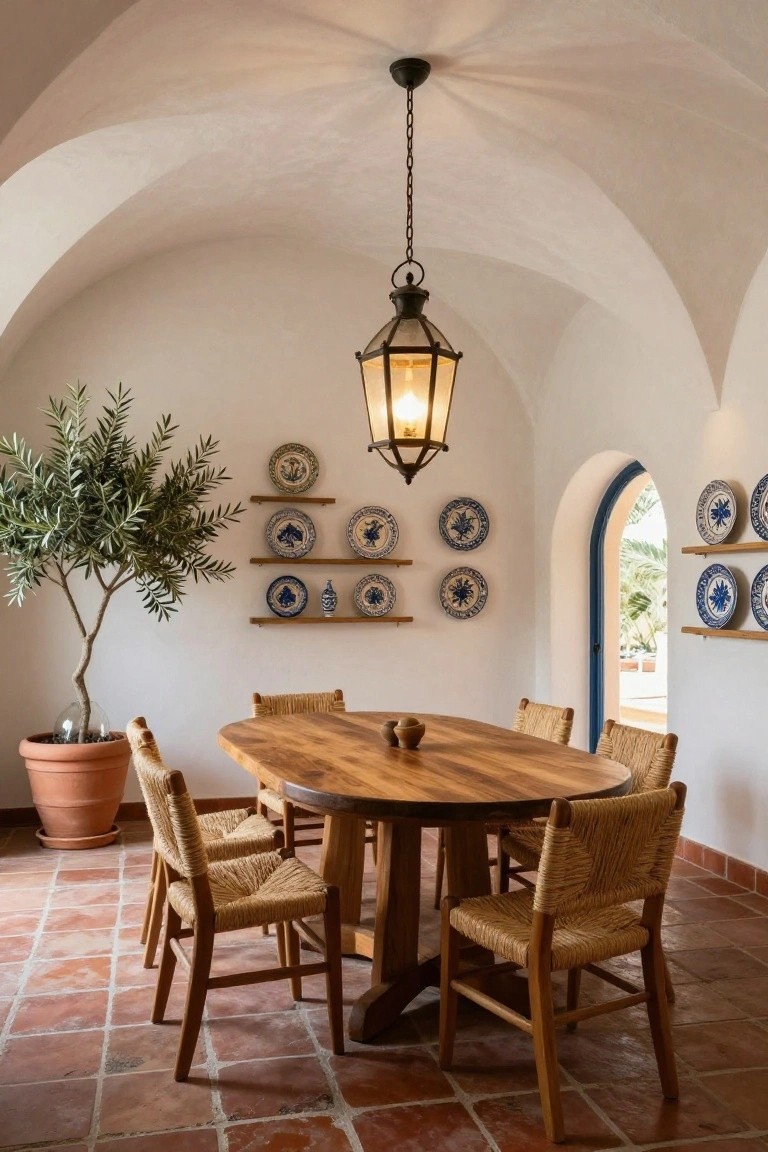 White vaulted ceiling dining room with wooden oval table and rattan chairs on terracotta tile floor, potted olive tree, blue and white plates on wall shelves, hanging lantern pendant light, and blue arch doorway to outdoor palms.