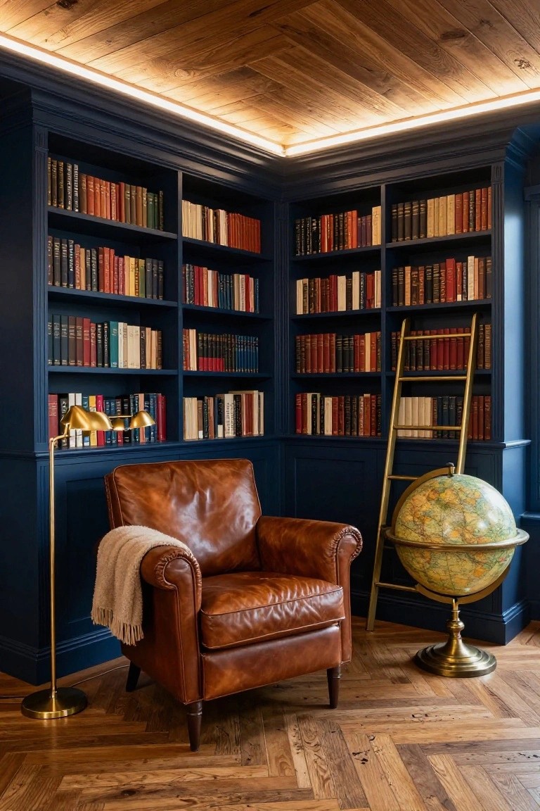 Corner library room featuring navy bookshelves filled with books, vaulted wooden ceiling with edge LED lighting, tan leather armchair with throw blanket, brass globe stand, adjustable ladder, and floor lamp on herringbone wood floor.