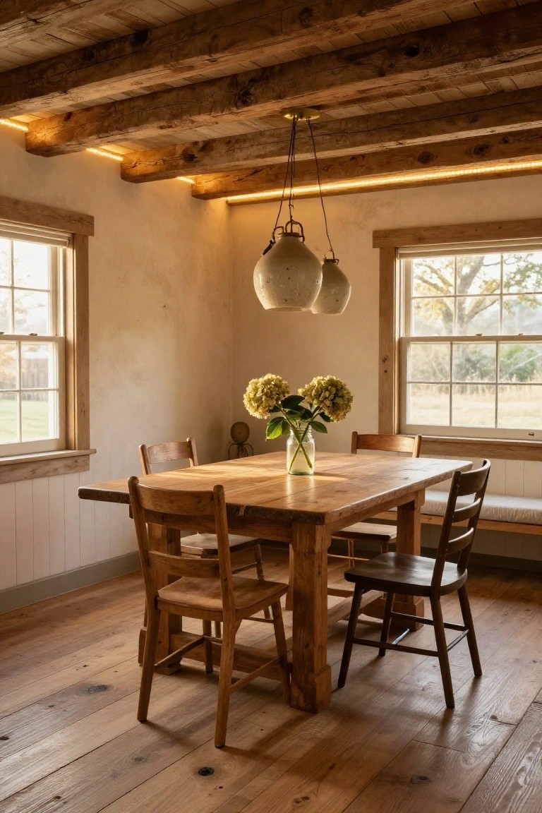 Dining room with rectangular wooden table, four wooden chairs, one bench seat, hydrangea bouquet in glass jar, exposed wooden beam ceiling with LED strip lights along edges, two hanging ceramic pendant lamps, plaster walls, large multi-pane windows showing fields and trees outside.