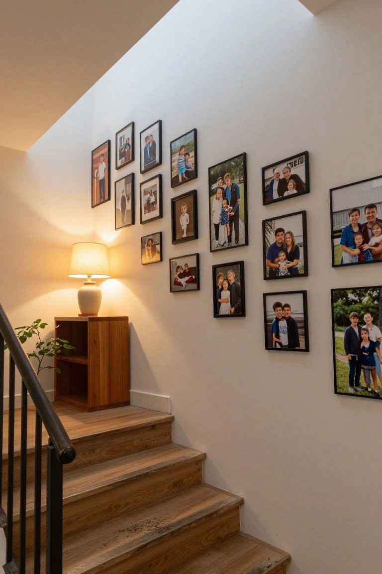 White interior stairwell with vaulted ceiling, black metal railing on wooden steps, wooden console table holding ceramic lamp and potted plant, and gallery wall of black-framed family photos on white wall.