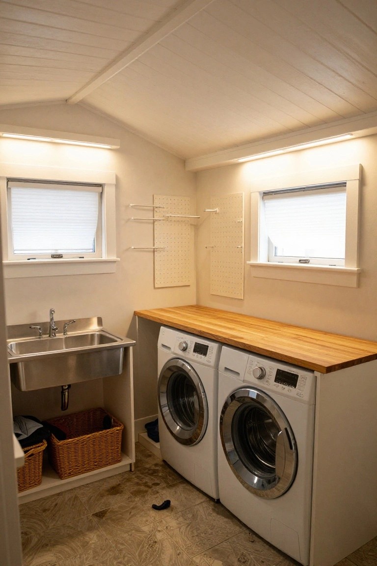 Laundry room interior with vaulted wooden ceiling lit by LED strips along beams, white washer and dryer under wooden countertop, stainless steel utility sink, pegboard wall storage, two small windows with blinds, and tiled floor.
