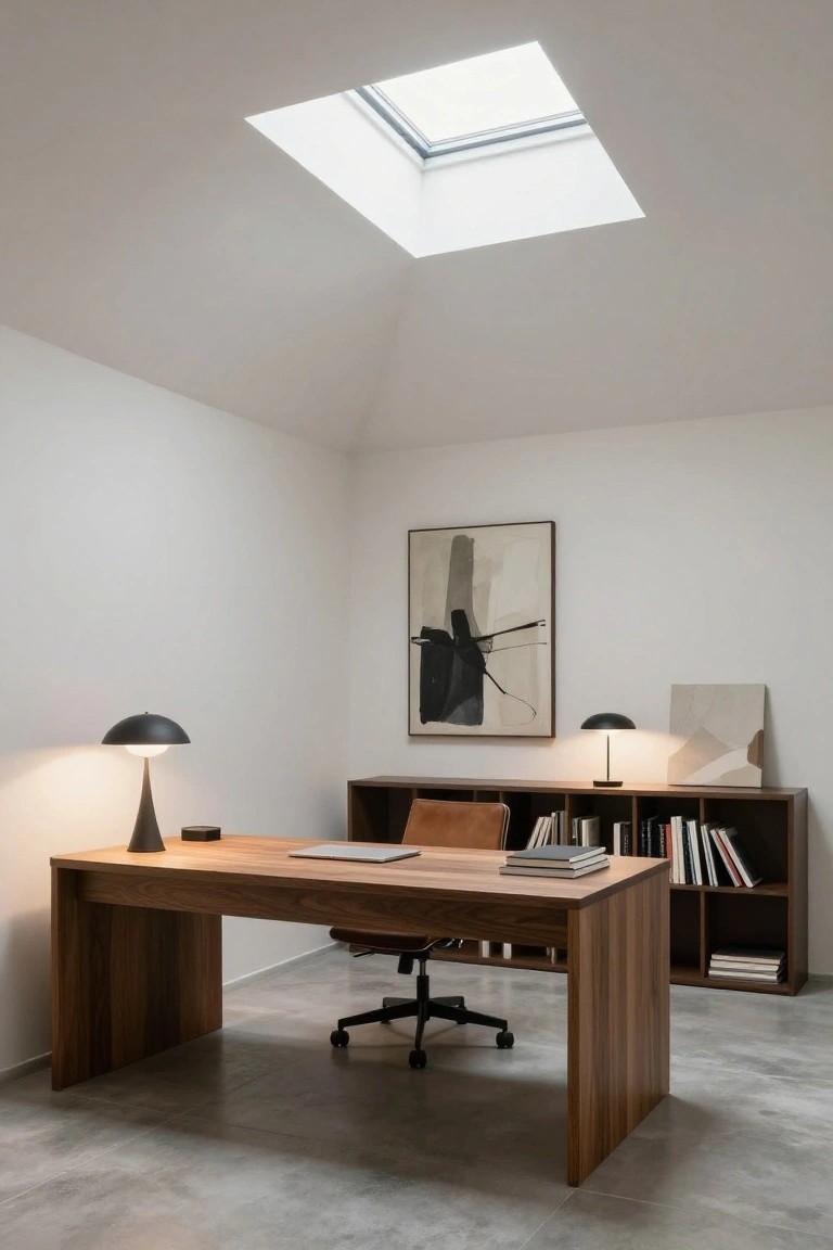 Modern home office featuring a vaulted white ceiling with square skylight, wooden desk and chair, two black cone lamps, bookshelves with books, abstract artworks on walls, and polished concrete floor.