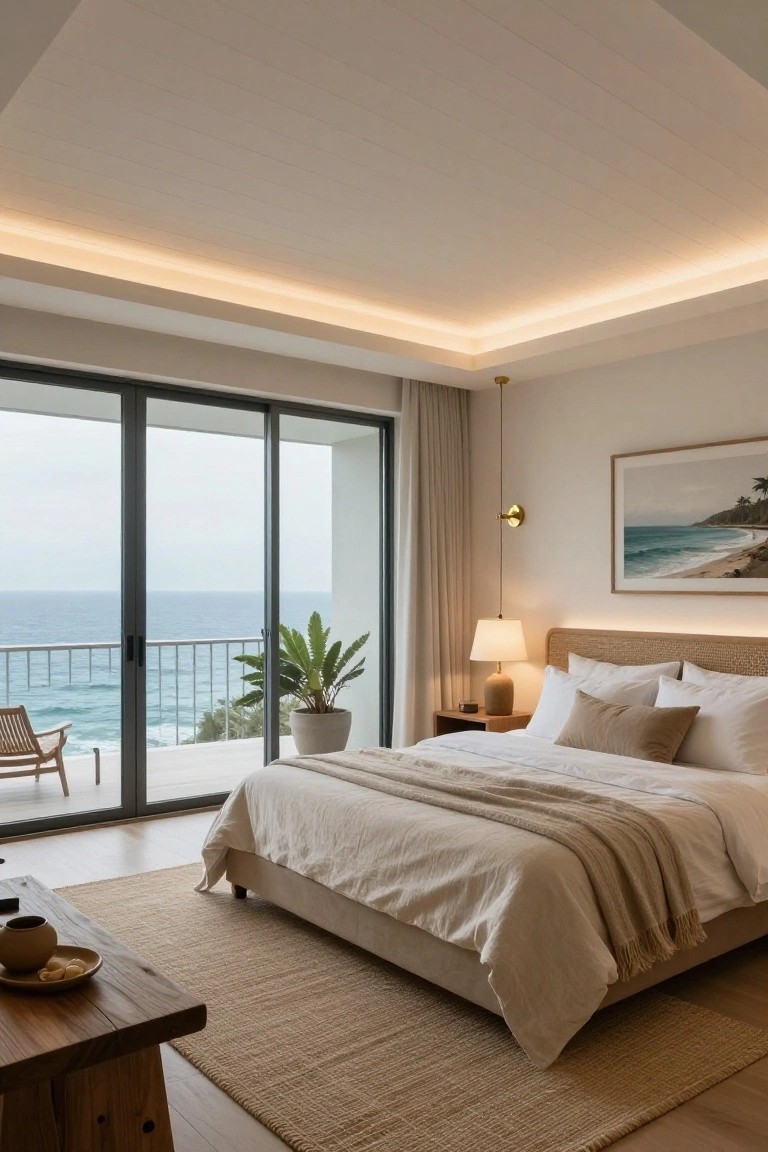 Bedroom interior with vaulted ceiling edged in warm LED strip lighting, rattan headboard bed with white linens, wooden side table, potted plants, sliding glass doors to ocean-view balcony, and beige rug on light wood floor.