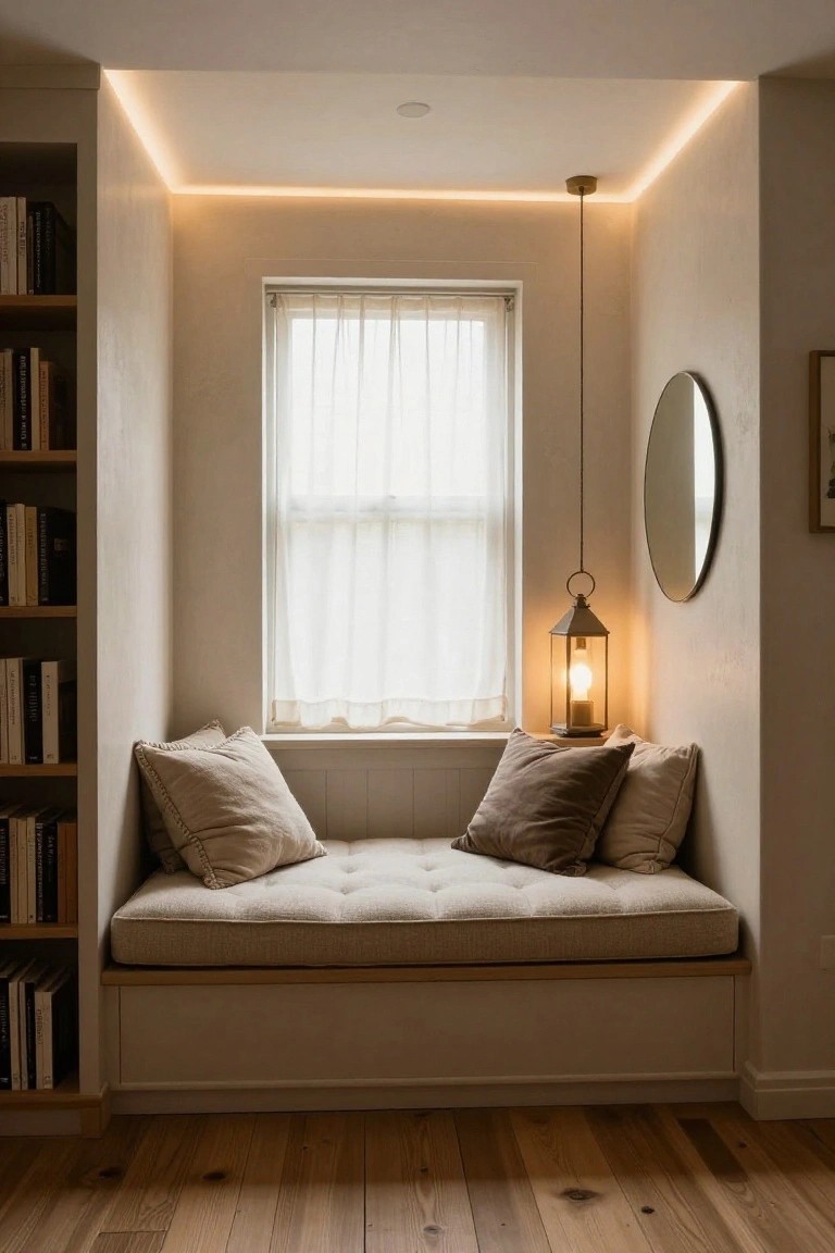 Built-in beige cushioned window bench seat with pillows flanked by wooden bookshelves, sheer curtains on double-hung window, hanging brass lantern pendant light, round mirror on wall, perimeter LED strip lighting along ceiling edges, and oak wood plank flooring.