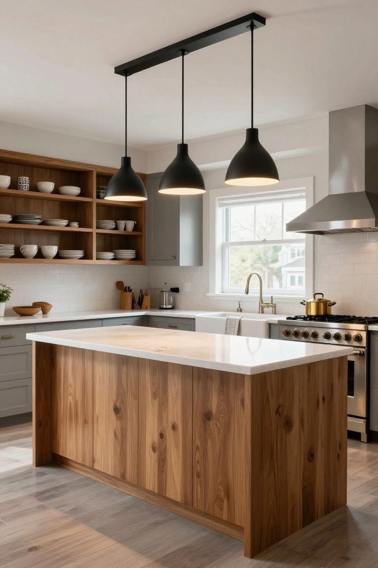 Modern kitchen with three black cone-shaped pendant lights hanging in a row over a light wood island countertop, gray lower cabinets, open wood shelving, white subway tile backsplash, and stainless steel appliances.