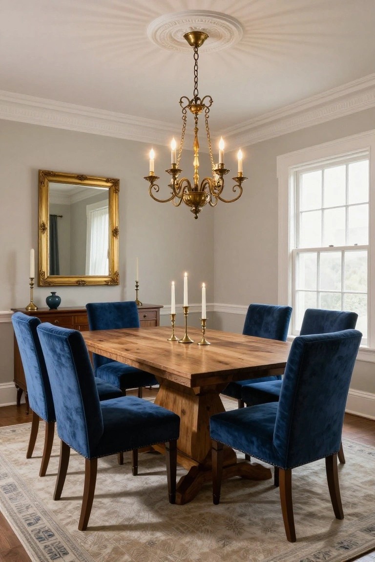 Dining room interior with rectangular wooden trestle table and six navy blue velvet upholstered chairs, centered under brass candelabra chandelier with lit candles, gold-framed mirror and sideboard on gray wall, white window with green view.