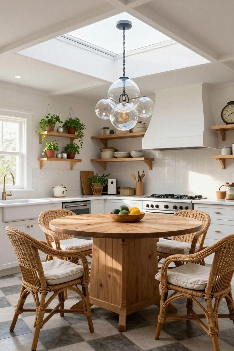 White kitchen with coffered ceiling and hanging clear glass bubble chandelier above round wooden table with rattan chairs, white cabinets, gas range, and skylight.