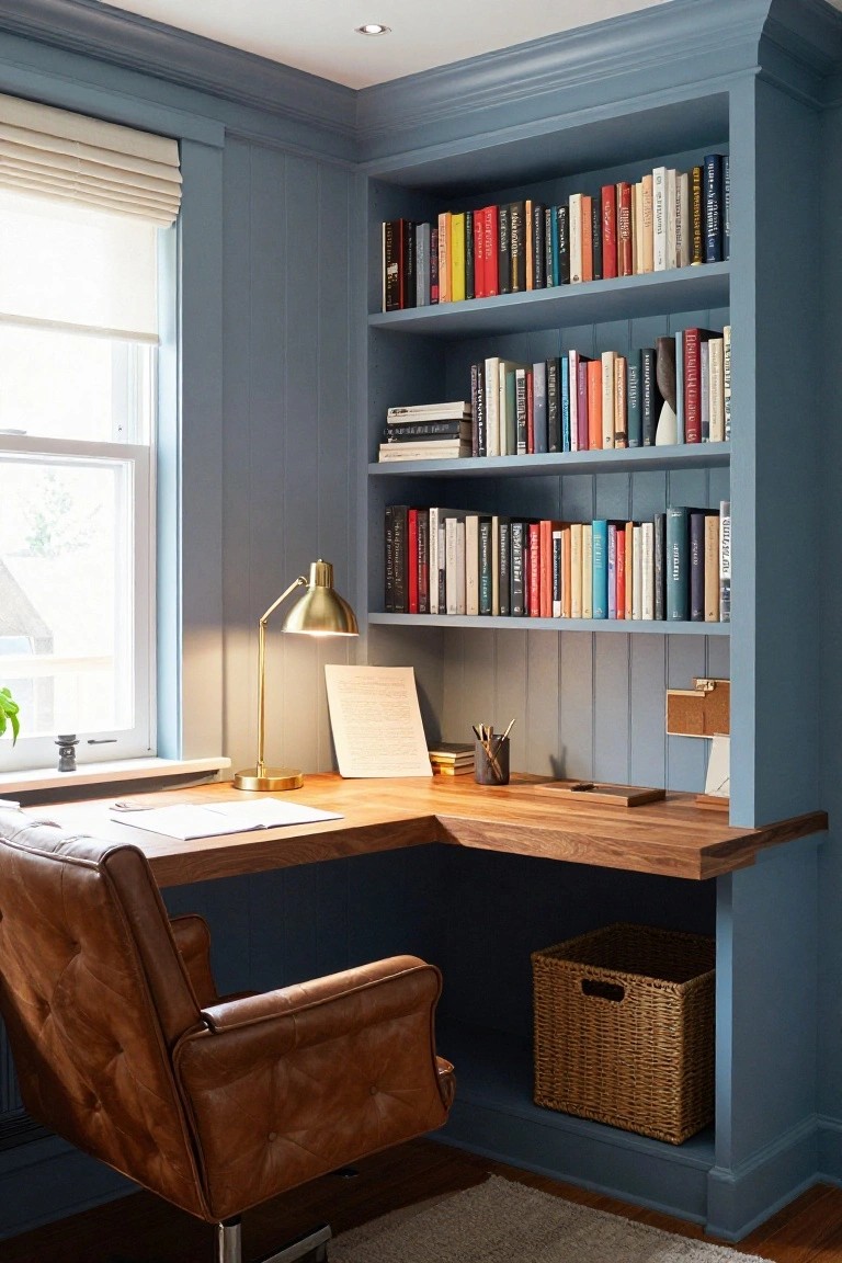 Blue paneled corner of a home study with built-in wooden bookshelves surrounding an L-shaped walnut desk, brown leather swivel chair, gold adjustable desk lamp, desk accessories, wicker storage basket, and a window with roller shade.