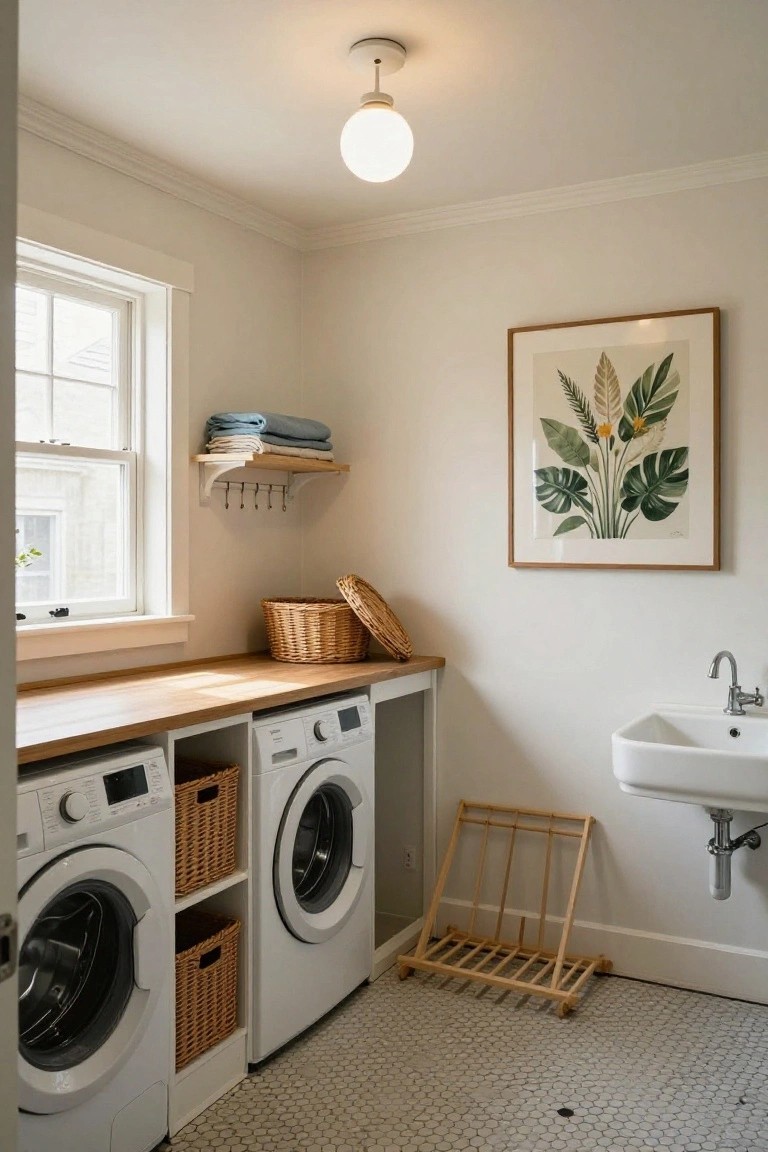 Laundry room with white washer and dryer under wooden countertop with wicker baskets, wall-mounted sink, wooden drying rack, shelf holding folded towels, botanical print on wall, and white globe pendant light from ceiling on white subway tile floor.