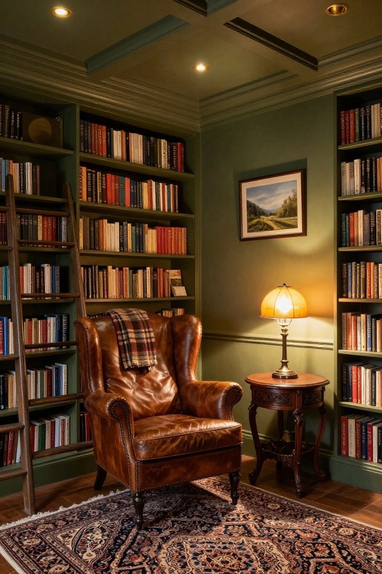 Green-walled library corner with floor-to-ceiling bookshelves, wooden rolling ladder, plaid-draped leather armchair, side table with lamp, Persian rug, and coffered ceiling featuring recessed downlights.