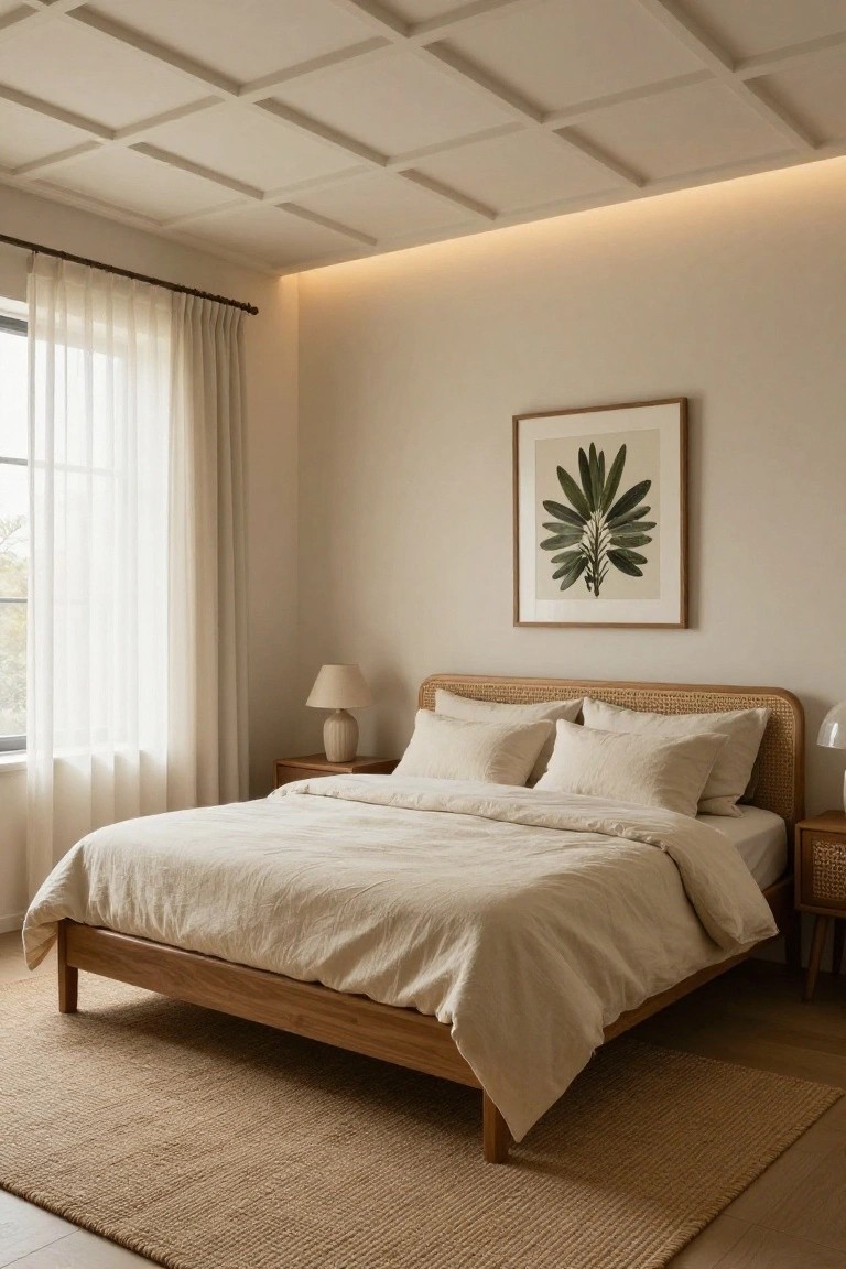Bedroom with light wooden bed frame and beige linens, rattan headboard, sheer curtains on window, wooden nightstands with ceramic lamps, framed botanical print on wall, seagrass rug on wood floor, and coffered ceiling edged with glowing LED strips.