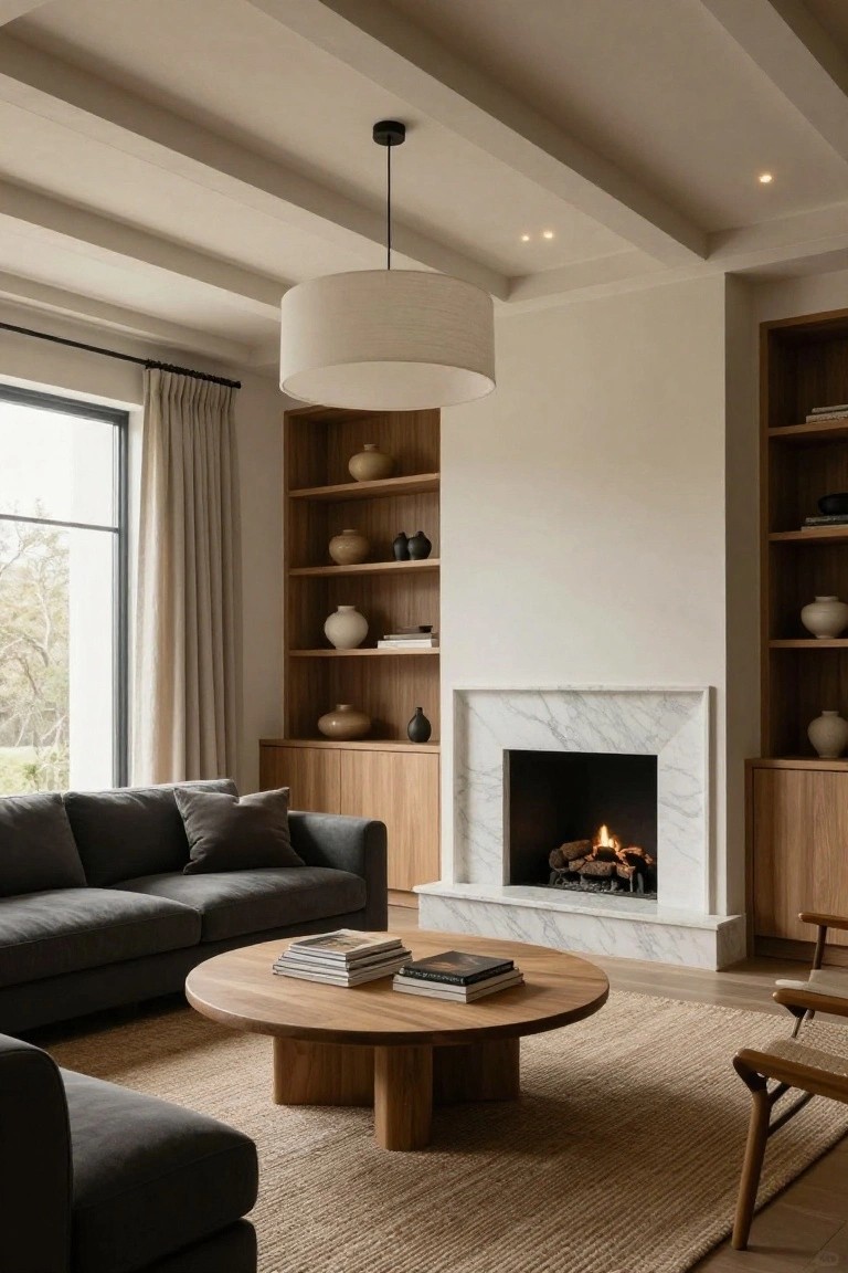 Modern living room featuring a coffered ceiling with recessed downlights, a large white drum pendant, gray L-shaped sofa, wooden coffee table with stacked books, marble fireplace with gas logs, wooden built-in shelving with ceramics, large window with cream drapes, and a wooden bench.
