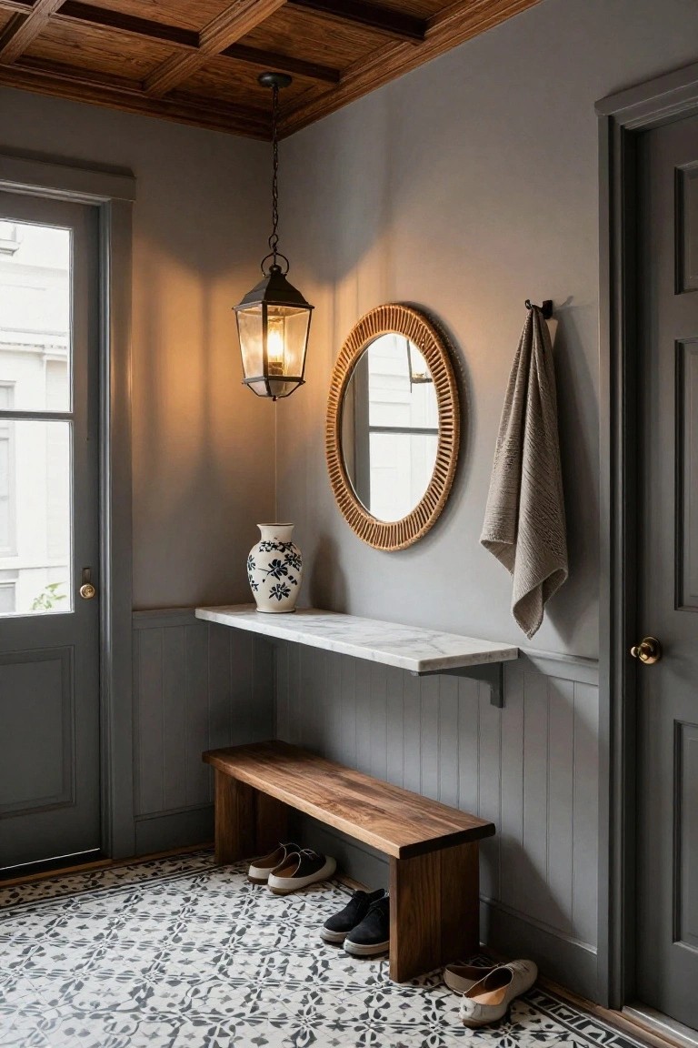 Gray entryway with wooden coffered ceiling, hanging lantern light, marble shelf holding white vase and round rattan mirror, wooden bench, shoes on patterned tile floor, and doors on either side.