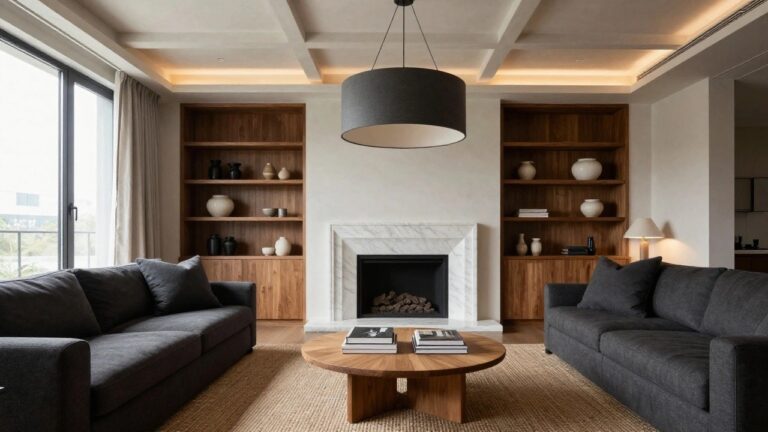 Modern living room featuring a coffered ceiling with recessed downlights, a large white drum pendant, gray L-shaped sofa, wooden coffee table with stacked books, marble fireplace with gas logs, wooden built-in shelving with ceramics, large window with cream drapes, and a wooden bench.