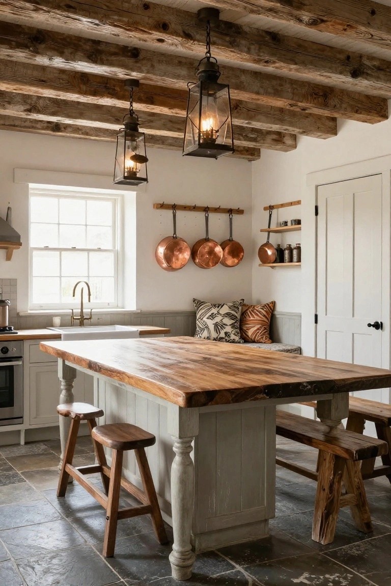 Kitchen with exposed wooden beam ceiling, two hanging metal lantern pendant lights, large wooden-topped island with stools and bench, hanging copper pots on wall rack, white cabinets, and farmhouse sink.