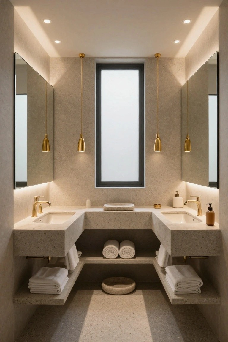 Modern bathroom with beige terrazzo double sink vanity, gold cone pendant lights hanging from the ceiling, tall mirrors with edge lighting, recessed ceiling spots, rolled towels on shelves, and a narrow frosted window.