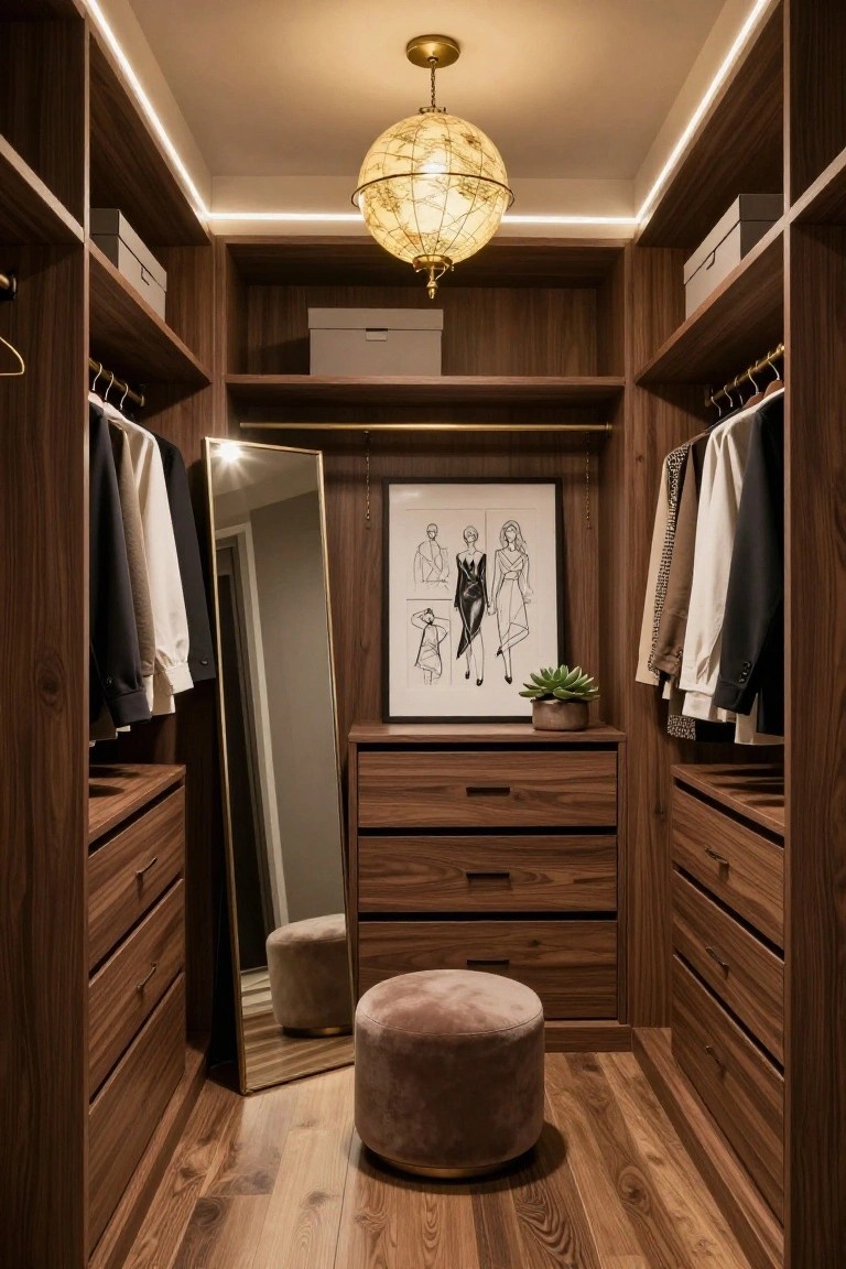 Walk-in closet featuring walnut wood wardrobes and drawers, hanging clothes, full-length gold-framed mirror, black and white fashion illustration on wall, small potted succulent, pink ottoman stool, globe pendant light, and perimeter LED strip lighting on ceiling.