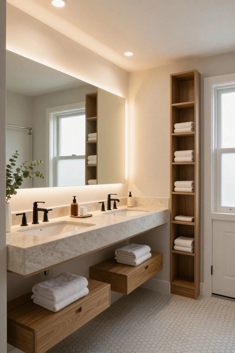 Modern bathroom with floating white quartz double vanity, matte black faucets, backlit rectangular mirror, tall oak shelving unit stocked with white towels, potted eucalyptus, and recessed ceiling lights over white hexagonal tile floor.
