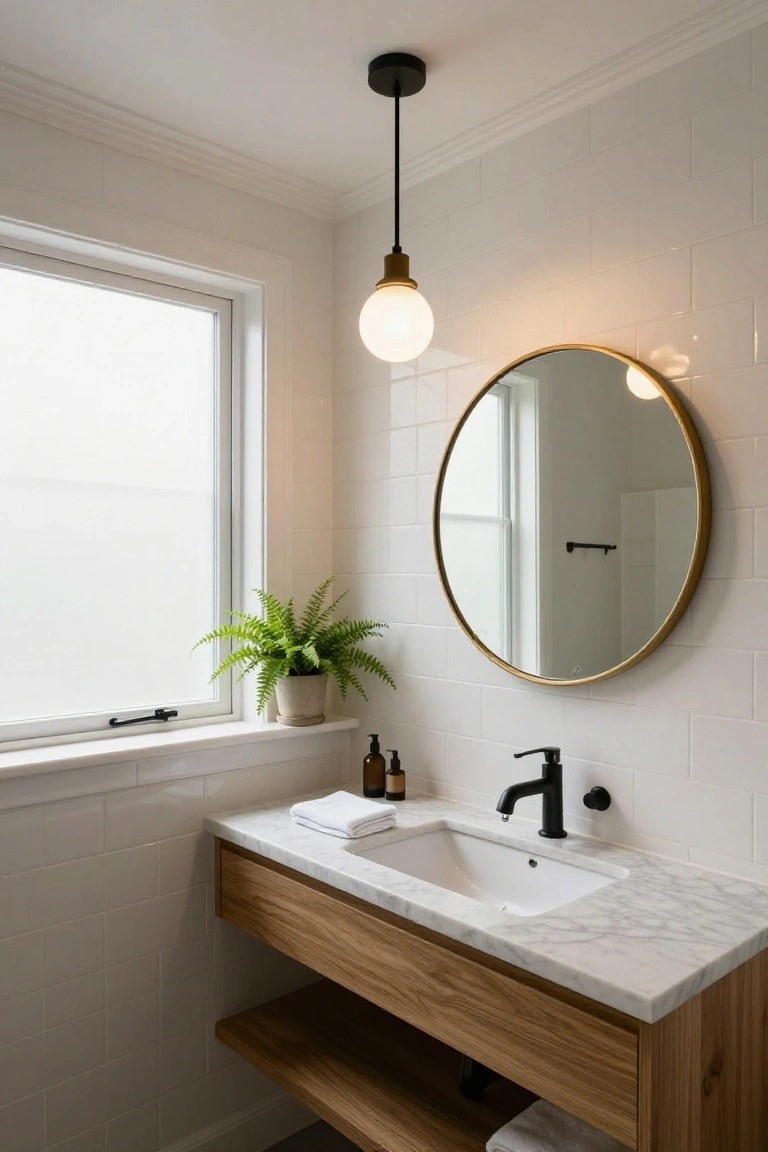 Bathroom with white subway tile walls, floating oak wood vanity topped by white marble sink, matte black faucet, round gold-framed mirror, hanging black pendant light with white globe shade, potted green fern, and frosted window.
