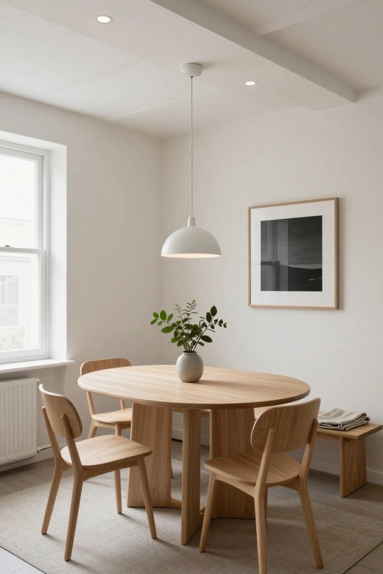 Oval wooden dining table with four wooden chairs and a ceramic vase of green leaves centered under a white dome pendant light hanging from a white ceiling with recessed downlights, next to a large window and framed black-and-white photo on a white wall.