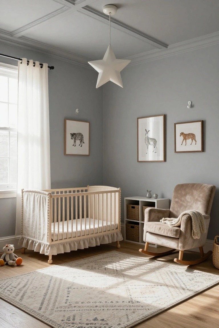 Light gray nursery room with coffered ceiling and central white star-shaped pendant light, wooden crib with white bedding, beige rocking chair with blanket, framed animal prints on walls, and toys on wood floor.