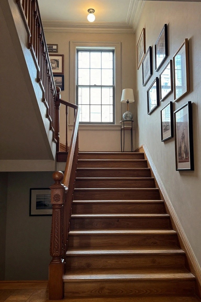 Wooden staircase with ornate balusters and newel posts in a beige interior hallway, white globe ceiling light above, framed artwork on walls, table lamp with vase on metal stand, and large window.