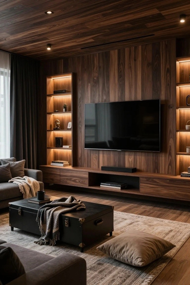 Modern living room featuring dark wood paneled coffered ceiling with recessed downlights, matching wood wall unit with TV and shelving, gray L-shaped sofa, black trunk coffee table, beige rug, and large windows with dark curtains.