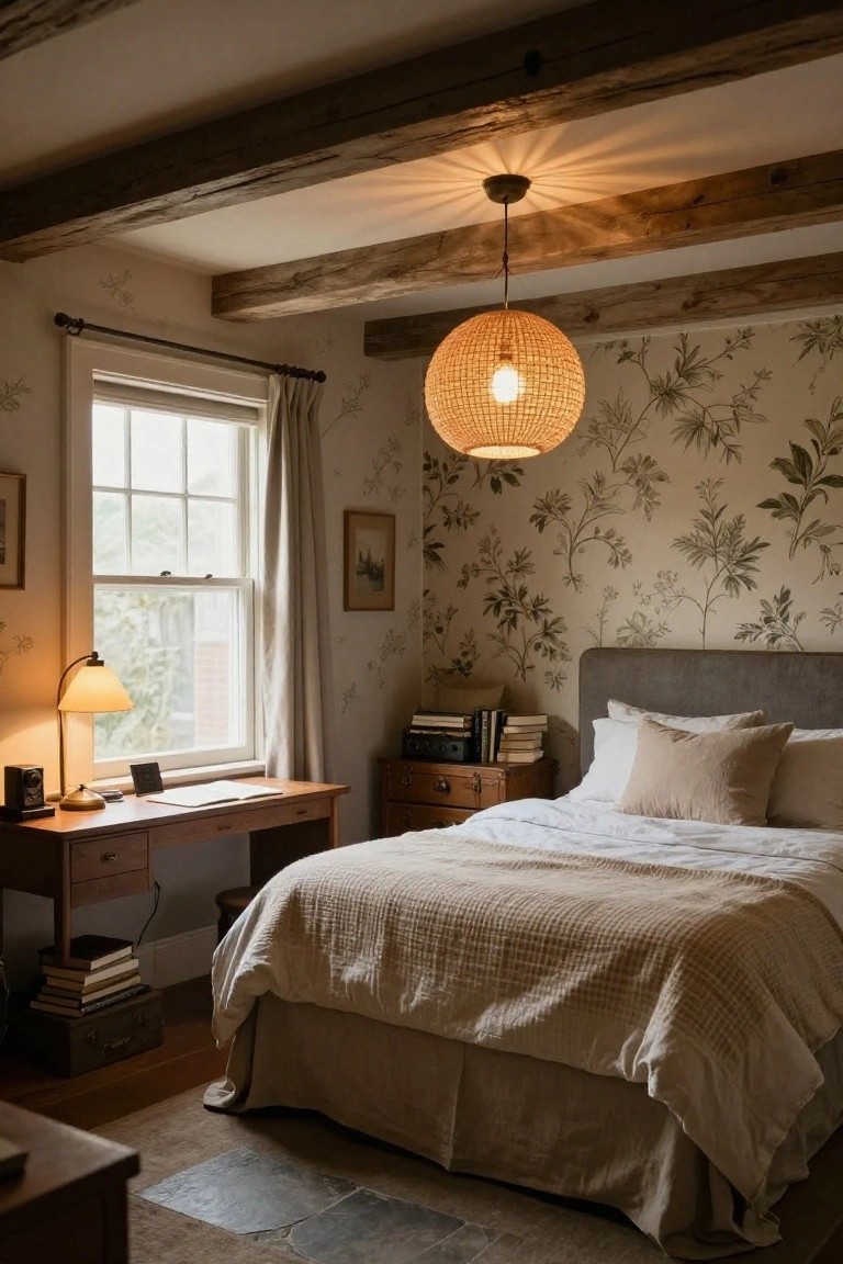 Bedroom with exposed wooden beam ceiling, large rattan pendant light hanging centrally, wooden bed with beige quilt and pillows, wooden desk with lamp and books, floral wallpaper, and window with curtains.