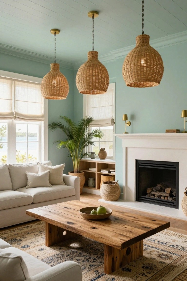 Living room with light green paneled ceiling and three hanging woven rattan pendant lights over a white sofa, rustic wood coffee table with apples in a bowl, potted palm plant, white fireplace, and large windows with sheer curtains overlooking water.