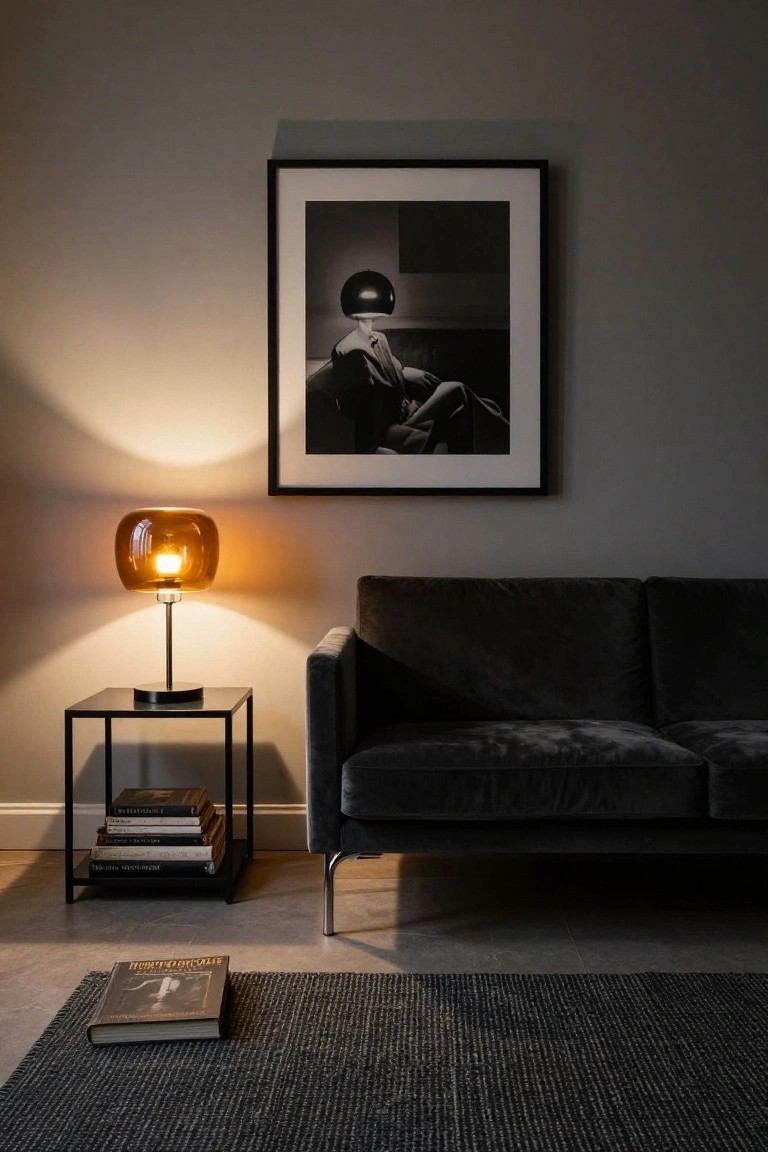 Black and white framed photograph of a person in a helmet on a gray wall above a glowing amber glass table lamp on a black metal side table with stacked books next to a black velvet sofa, with a book on the floor beside a dark rug in a dimly lit room.
