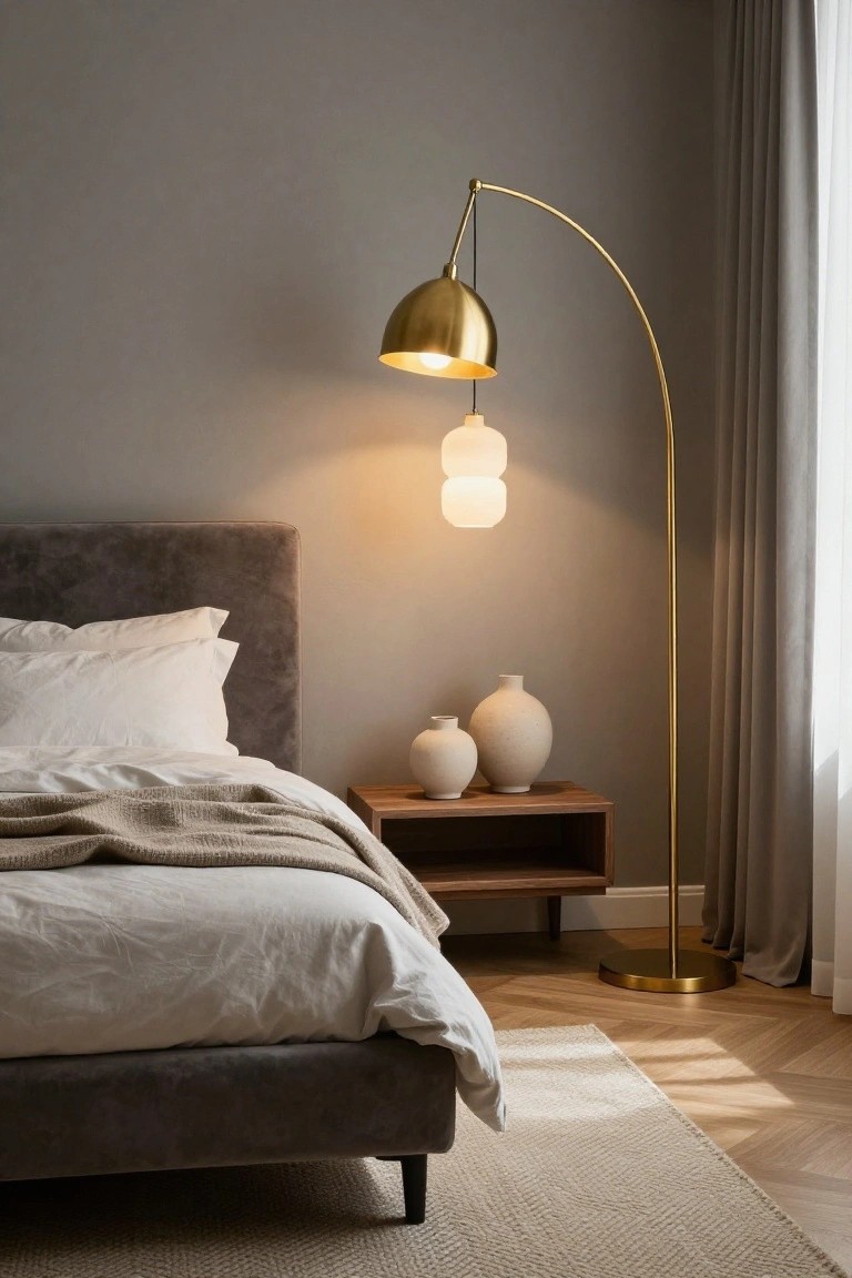A bedroom with gray upholstered bed frame and headboard, white pillows and sheets with tan throw, wooden nightstand holding two white ceramic vases, tall gold arched floor lamp with large dome shade and two smaller bubble shades lit up, light gray walls, beige curtains, herringbone parquet floor, and light rug.