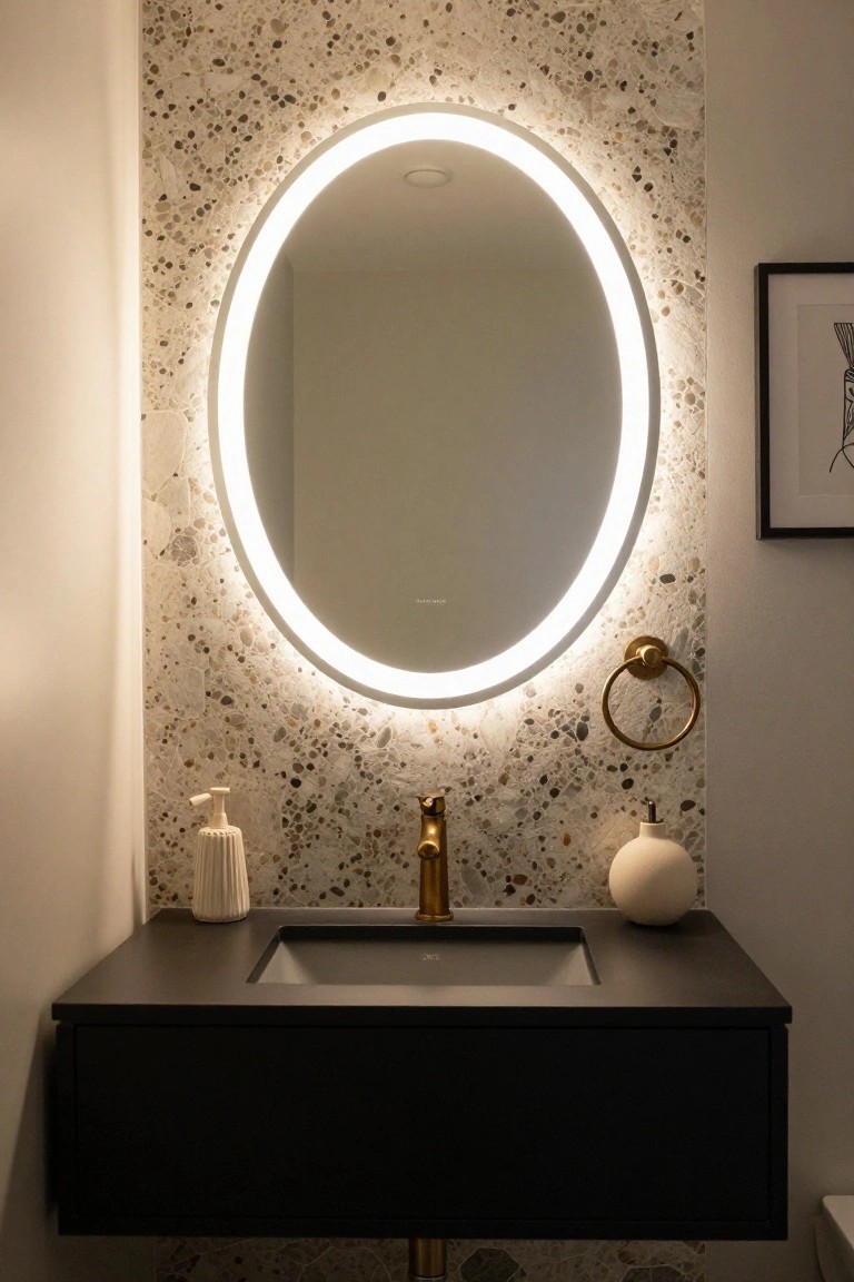 Modern bathroom vanity with oval backlit LED mirror on speckled beige tile wall, black floating sink cabinet, gold faucet and towel ring, soap dispenser, and white vase.