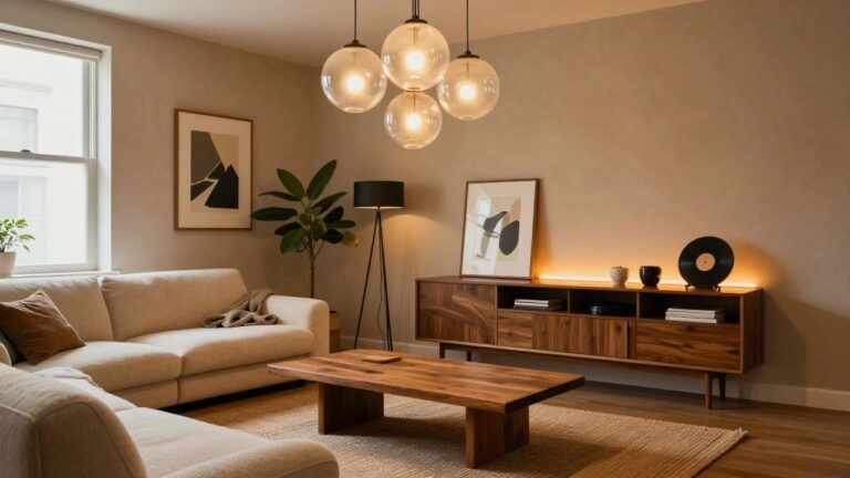 20 Fresh Future Apartment Decor Lighting Looks That Feel Modern Modern living room with cream L-shaped sofa, low wooden coffee table holding two glass orbs, three hanging clear glass globe pendant lights, wooden shelving unit with books and ceramics, floor lamp, plants, and large window.