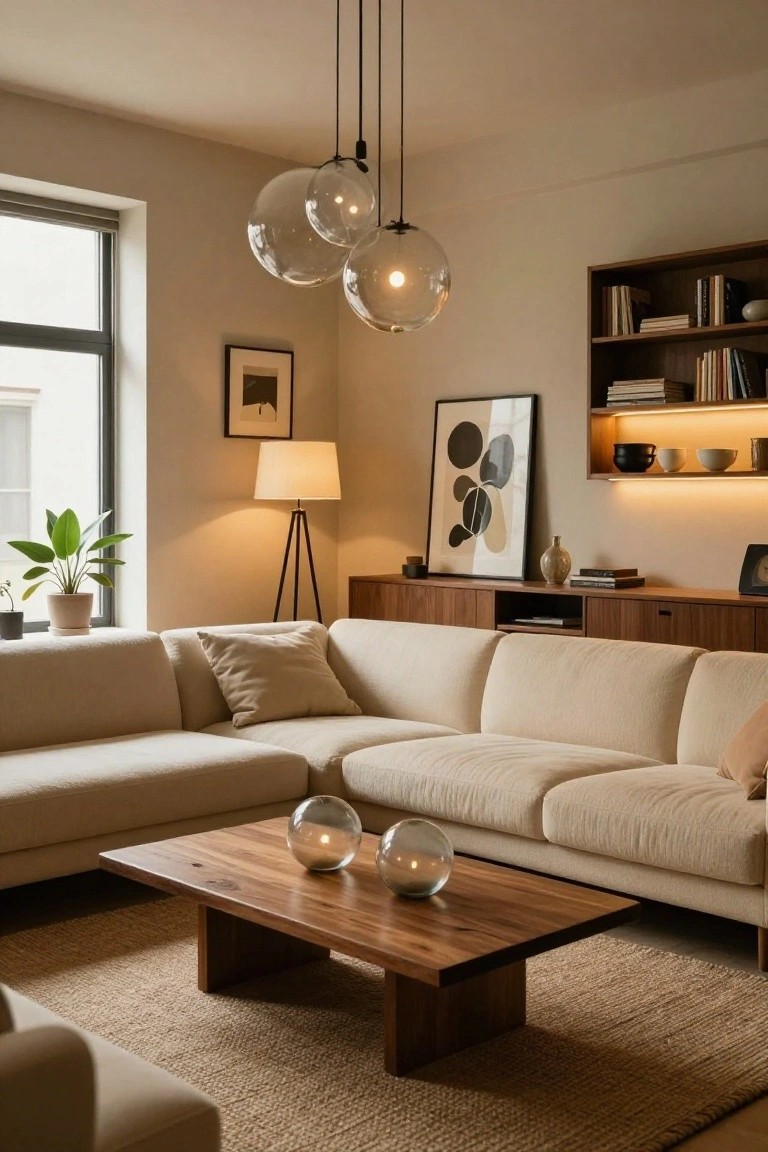 Modern living room with cream L-shaped sofa, low wooden coffee table holding two glass orbs, three hanging clear glass globe pendant lights, wooden shelving unit with books and ceramics, floor lamp, plants, and large window.