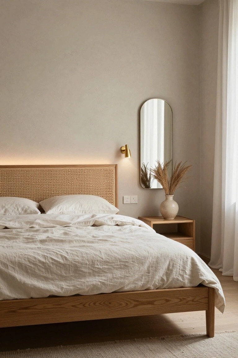 Beige bedroom featuring a rattan-paneled oak headboard with LED strip lighting behind it, white linen bedding on a low wooden bed frame, wooden nightstand holding a beige vase of pampas grass, brass wall sconce beside an arched mirror, power outlets, sheer curtains, and light oak flooring with a woven rug.